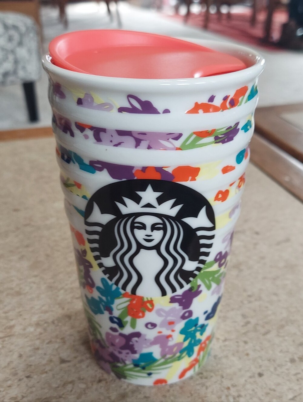 Starbucks Ceramic Multicolor Floral Travel Cup with Coral Lid